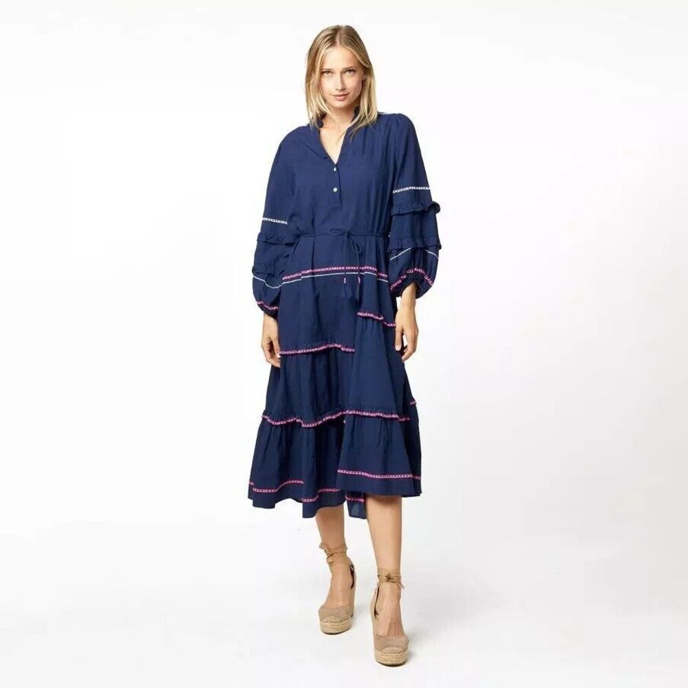 Kerri Rosenthal Pheobe Cotton Midi Dress Embroidered Ruffle Tiered S New 271166